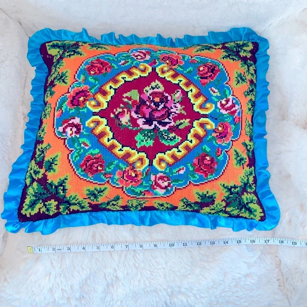 Handmade Ukrainian Pillow Floral Decorative Aqua Ruffled Vintage‎ 18